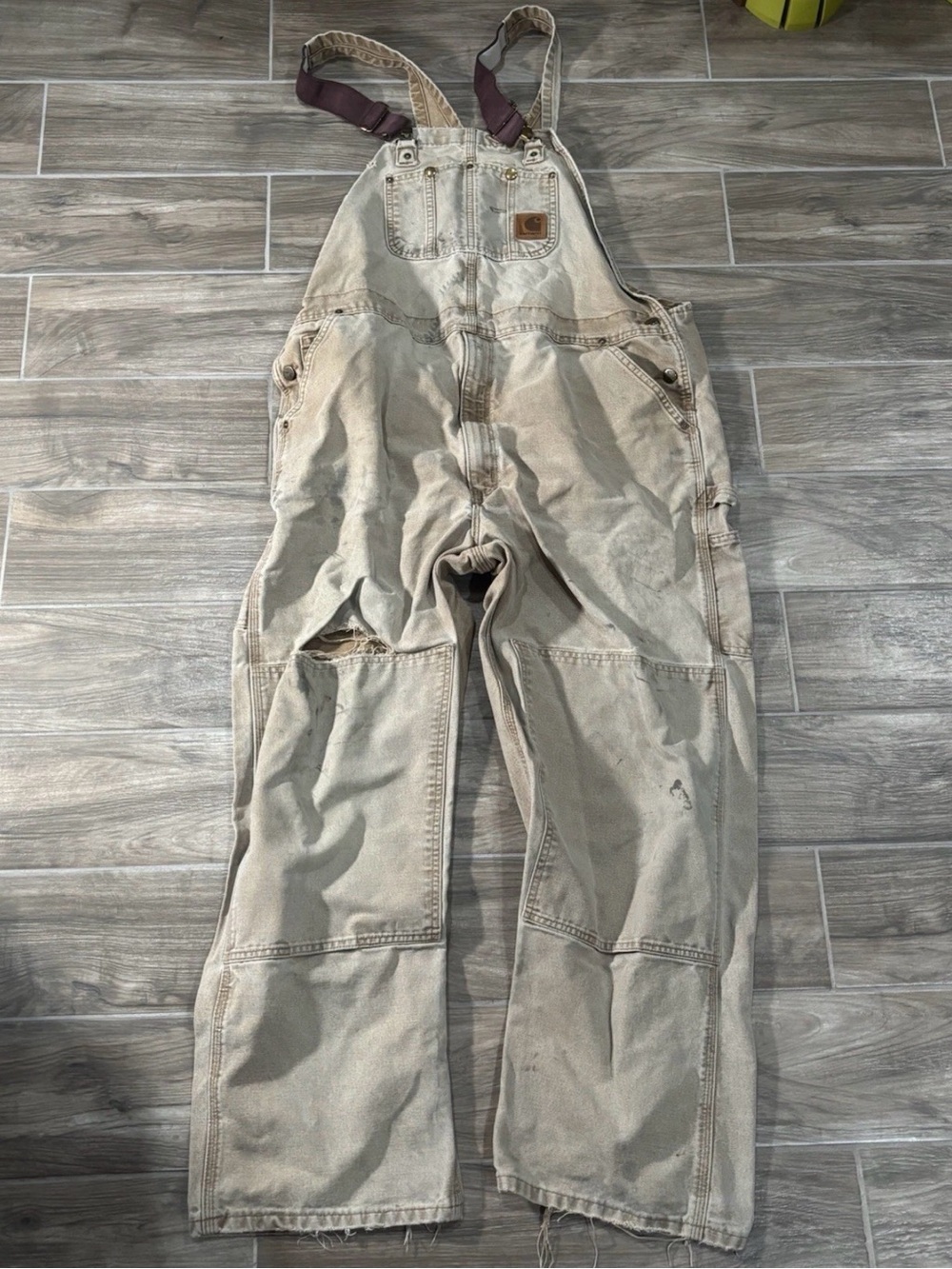 Vintage Carhartt Overalls DISTRESSED 44x32 Double Knee Mens Brown Tan R06 211